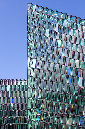 Detail of the exterior of Harpa Concert Hall and Conference Centre in Reykjavik.