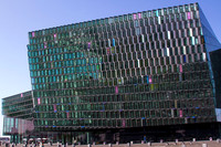 Detail of the exterior of Harpa Concert Hall and Conference Centre in Reykjavik.