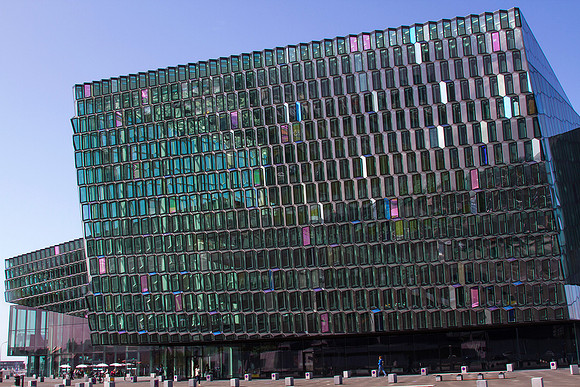 Detail of the exterior of Harpa Concert Hall and Conference Centre in Reykjavik.
